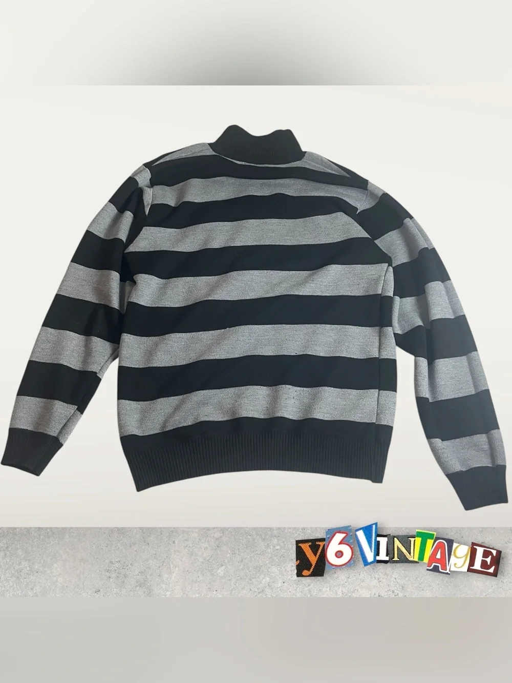 Large Beverly Hills Polo Club Black and Gray Striped Half-Zip Sweater
